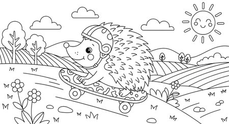 A charming black and white illustration of a happy hedgehog wearing a helmet, skateboarding down a hill on a sunny day. Perfect for coloring.の素材