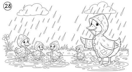 A mother duck and her ducklings wearing raincoats and boots splash in puddles on a rainy day.の素材