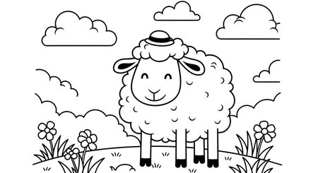 A charming black and white illustration of a fluffy sheep wearing a hat, standing in a field with flowers and clouds, perfect for coloring.の素材