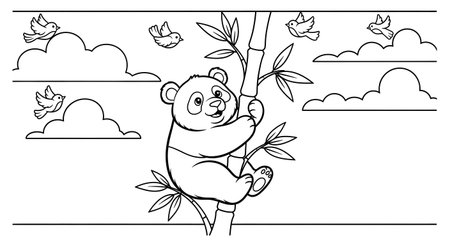 A charming black and white illustration of a panda bear climbing a bamboo stalk, with birds flying in the sky and clouds in the background. Perfect for coloring.の素材