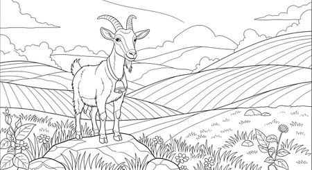 A black and white line art illustration of a goat with a bell standing on a stone. The background features rolling hills, fields, and clouds. Perfect for a coloring book.の素材