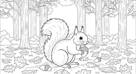 A charming black and white line drawing featuring a cute squirrel with a bushy tail, holding an acorn. The scene is set in a forest with fallen leaves and trees, perfect for coloring.の素材