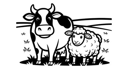 A charming black and white cartoon illustration featuring a friendly cow and a fluffy sheep standing side-by-side in a simple grassy field, perfect for children's books or farm-themed designs.の素材