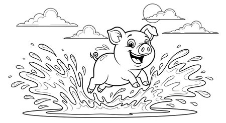 A happy cartoon piglet jumping and splashing in water, perfect for a coloring book page.の素材