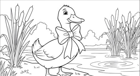 A charming black and white illustration of a happy duckling wearing a large bow, standing by a pond with cattails.の素材