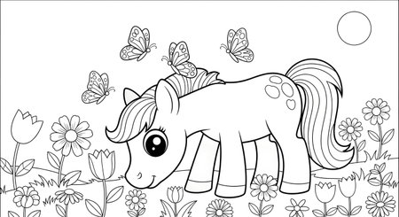 A black and white line drawing of a cute pony in a field of flowers with butterflies, perfect for coloring.の素材