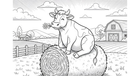 A charming black and white line art illustration of a happy cow sitting on a round hay bale in a rural farm setting, perfect for coloring books and children's activities.の素材
