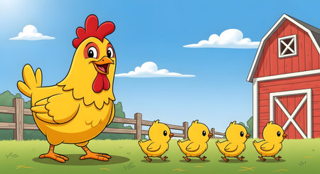 A cheerful yellow hen leads her four fluffy chicks across a green field towards a classic red barn. The scene is bright and sunny with a blue sky and fluffy clouds.の素材