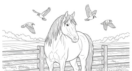 A black and white line drawing of a horse in a rural farm setting with a wooden fence and birds in the sky. This illustration is perfect for a children's coloring book.の素材