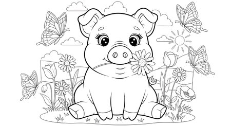 A charming black and white illustration of a happy piglet holding a flower in its mouth, surrounded by butterflies and flowers, perfect for children's coloring activities.の素材