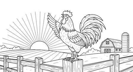 A detailed line drawing of a rooster standing on a wooden fence post, crowing as the sun rises over a farm field. A barn and silo are visible in the background.の素材