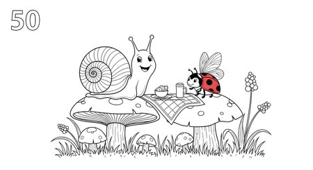 A charming black and white illustration of a snail and a ladybug having a tea party on mushrooms, surrounded by grass and smaller mushrooms.の素材