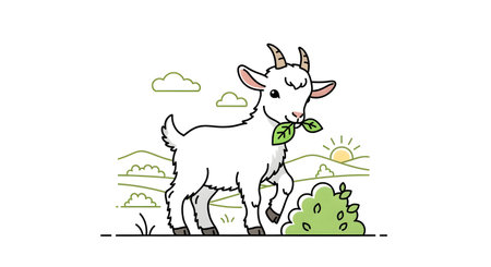 A charming illustration of a white baby goat with horns, happily munching on green leaves from a bush. The background features rolling hills and a bright sun.の素材