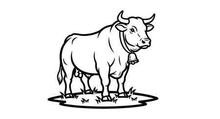 A simple black and white line drawing of a bull standing on grass, wearing a bell.の素材