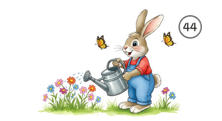 A cheerful bunny in overalls waters a bed of vibrant flowers, with two butterflies fluttering nearby. A circle with the number 44 is in the upper right corner.の素材