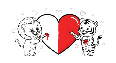 A charming illustration of a lion and a tiger, each holding a paintbrush, collaborating to paint a large heart. The heart is half red and half white, symbolizing unity and love.の素材