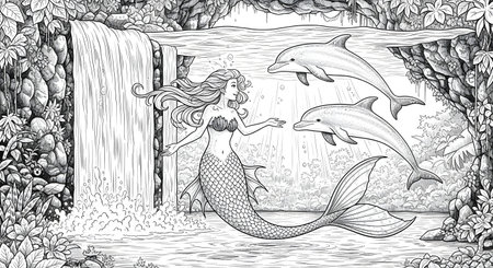 A black and white line art illustration for coloring. A beautiful mermaid with long flowing hair plays with two dolphins in a hidden grotto behind a cascading waterfall.の素材