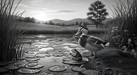 A charming black and white illustration of a duck wearing a hat and vest, fishing with a rod while standing on a lily pad in a tranquil pond.の素材