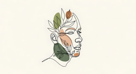 Minimalist continuous line art of a person's profile combined with organic leaves and abstract color shapes. A concept of nature, growth, and mental wellness.の素材