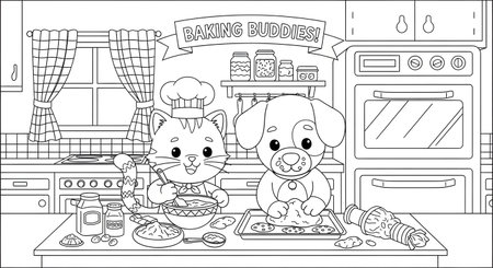 A charming black and white illustration of a cat and a dog as best friends baking in a kitchen. This delightful coloring page shows them preparing dough and ingredients together.の素材