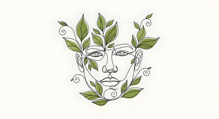 Artistic illustration of a human portrait in a continuous line art style, intertwined with fresh green leaves and plant vines, symbolizing nature, growth, and harmony.の素材
