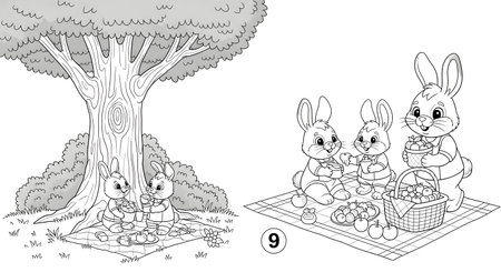 A black and white line art illustration for coloring featuring two separate scenes of adorable bunnies having a picnic with a basket of Easter eggs under a large tree.の素材