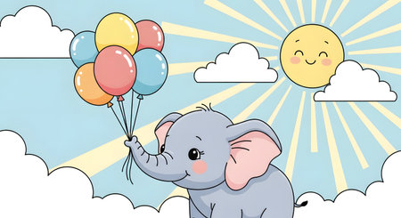 A charming illustration of a baby elephant floating with colorful balloons against a bright, sunny sky filled with fluffy clouds.の素材