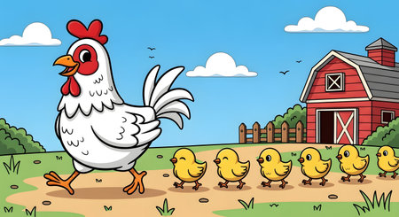 A charming illustration of a mother hen guiding her line of fluffy yellow chicks across a grassy field towards a red barn.の素材