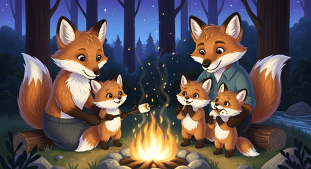 A heartwarming illustration of a fox family gathered around a crackling campfire in a forest at night, roasting marshmallows.の素材
