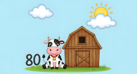 A charming cartoon illustration featuring a black and white cow with a bell, sitting beside a rustic wooden barn.の素材