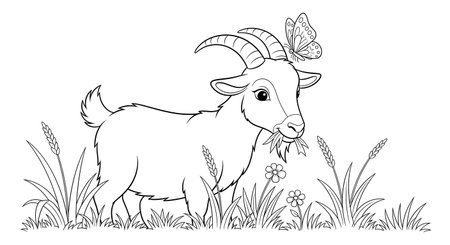 A charming black and white illustration of a goat standing in a grassy field with flowers, a butterfly perched on its head.の素材