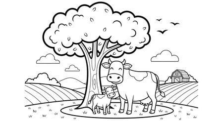 A charming black and white line drawing of a mother cow and her calf standing under a large tree in a picturesque farm landscape, perfect for coloring.の素材
