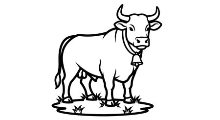 A simple black and white line drawing of a cow standing on grass, featuring a bell on its collar. The illustration is clean and classic.の素材