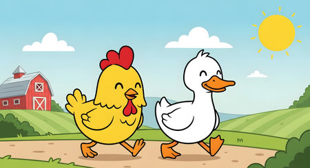 A charming cartoon illustration featuring a happy yellow chicken and a cheerful white duck strolling side by side on a dirt path.の素材