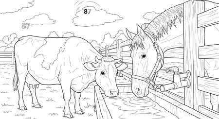 A black and white line art illustration of a friendly cow and a horse at a wooden trough. This farm scene is a printable coloring page for children and adults.の素材