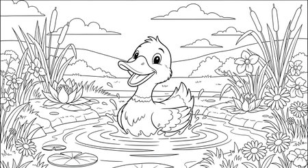 An adorable duckling joyfully swims in a serene pond, surrounded by blooming water lilies, tall reeds, and a picturesque natural landscape, perfect for a children's coloring activity.の素材