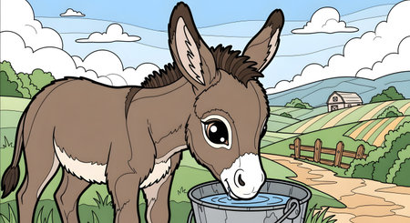 Charming cartoon of a young donkey drinking from a bucket in a rural farm setting. The background shows green fields, a fence, and a distant barn under a cloudy sky.の素材