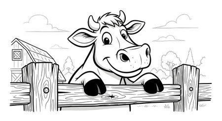 A friendly cartoon cow with a happy expression peeks over a rustic wooden fence, with a barn and clouds in the background. This black and white line art is perfect for coloring pages.の素材