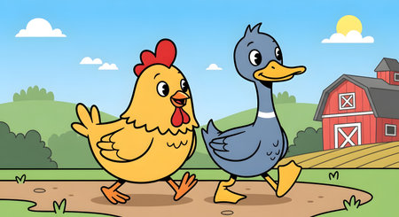 A vibrant cartoon illustration featuring a yellow chicken and a blue duck walking side by side on a dirt path.の素材