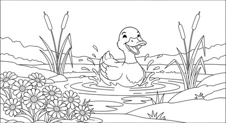 An adorable duck joyfully splashes in a serene pond, surrounded by blooming flowers and tall reeds, perfect for a delightful coloring activity.の素材
