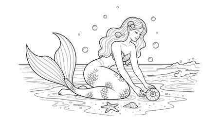 A black and white line art illustration of a graceful mermaid sitting on the shore, examining a seashell. This enchanting coloring page features the sea, sand, and shells.の素材