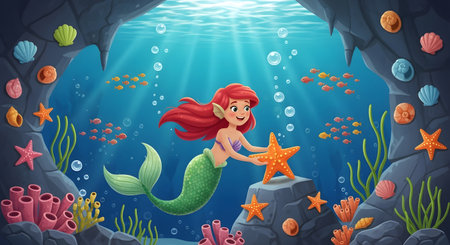 A beautiful cartoon mermaid with long red hair and a green tail swims in a sunlit underwater grotto, surrounded by colorful fish, coral, and shells.の素材