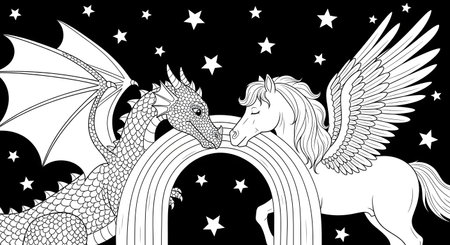 A beautiful black and white coloring page featuring a friendly dragon and a majestic pegasus sharing a gentle moment under a rainbow arch in a magical starry night sky.の素材