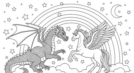 A detailed black and white line art illustration of a friendly dragon and a majestic pegasus meeting under a rainbow, surrounded by clouds, stars, and a crescent moon.の素材