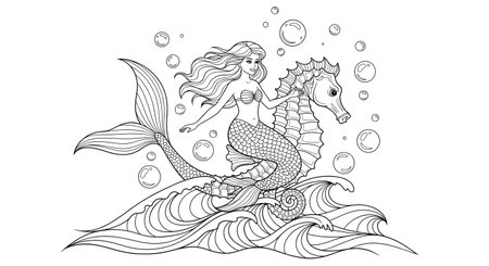 A black and white line drawing of a fantasy mermaid riding a seahorse. This detailed illustration on waves with bubbles is perfect for a coloring book page for adults or children.の素材