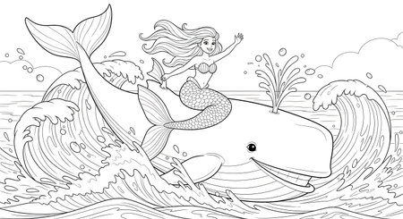 A black and white line art illustration of a happy mermaid riding a large whale amidst splashing sea waves. This whimsical fantasy scene is perfect for a children's coloring book.の素材