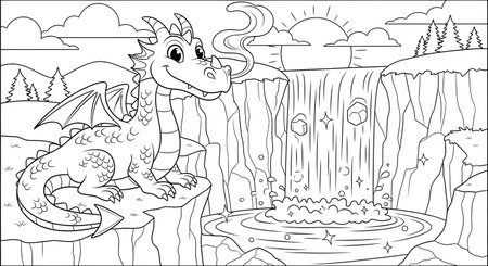 Coloring Page Outline Of cartoon dragon on the background of waterfallの素材