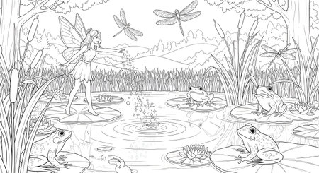 Frogs and dragonflies in the pond graphic black white illustration vectorの素材