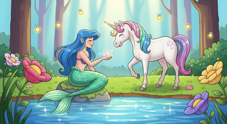 Illustration of a beautiful mermaid and a unicorn at the pondの素材