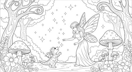 A beautiful black and white line art illustration of a fairy meeting a cute baby dragon in a whimsical forest with mushrooms and trees, perfect for a coloring book.の素材